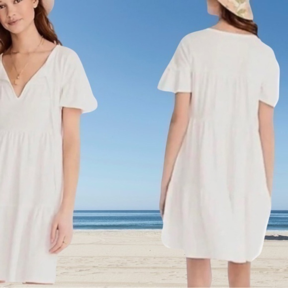J. Crew Broken-In Jersey Tiered Mini Dress in White Cotton